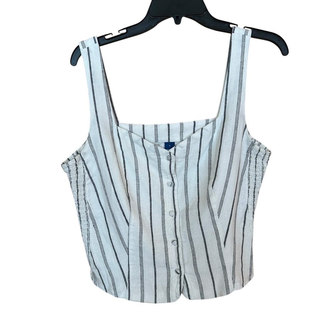 Old Navy Cropped Striped Linen Button Tank Top Coastal Cottagecore Smocked Large